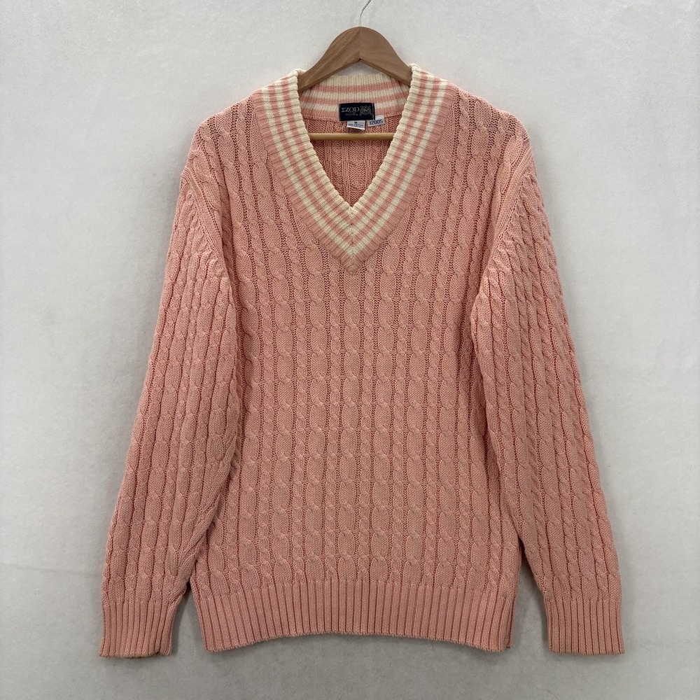 Vintage IZOD Club Sweater Mens Medium Pink V Neck Cable Knit Pullover Preppy 90s